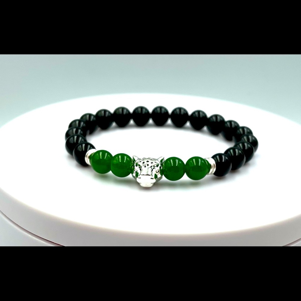 Natural polished Gemstone Green Jade and Black Obsidian stretch bracelet 7 inch